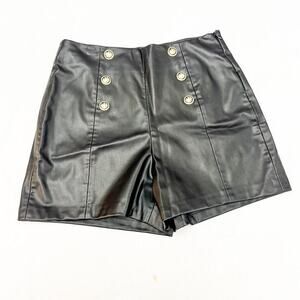 Zara Military Style Faux Black Leather Mini Shorts Gold Buttons Size L